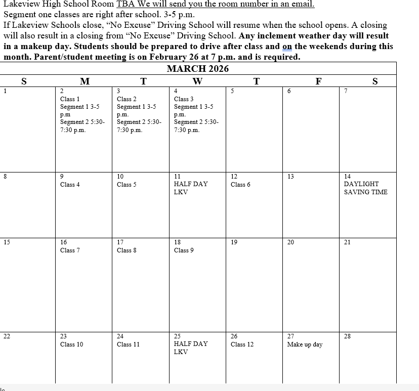 2026 March Lakeview High School Segment One - Parent/student meeting Feb 26th 7pm.