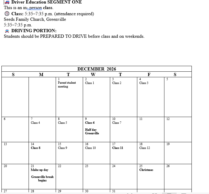 2026 GREENVILLE SEGMENT ONE DECEMBER 1 at 7 P.M. PARENT STUDENT MEETING CLASSES 5:35-7:35 P.M.