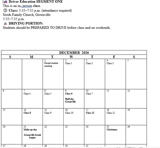 2026 GREENVILLE SEGMENT ONE DECEMBER 1 at 7 P.M. PARENT STUDENT MEETING CLASSES 5:35-7:35 P.M.