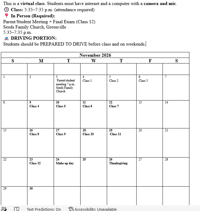2026 GREENVILLE SEGMENT ONE VIRTUAL NOVEMBER 3 AT 7 P.M. (CLASSES 5:35-7:35 P.M.)