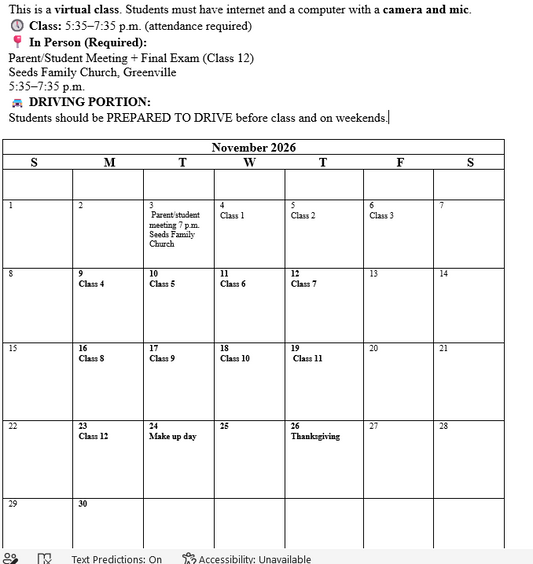 2026 GREENVILLE SEGMENT ONE VIRTUAL NOVEMBER 3 AT 7 P.M. (CLASSES 5:35-7:35 P.M.)